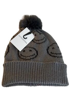 LA Valentina Gray Smiley Pom Beanie. Faux Fur Lined.